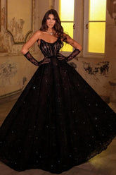 Sexy Sparkly Black Strapless A-Line Beaded Long Lace Prom Evening Dresses With Rhinestones
